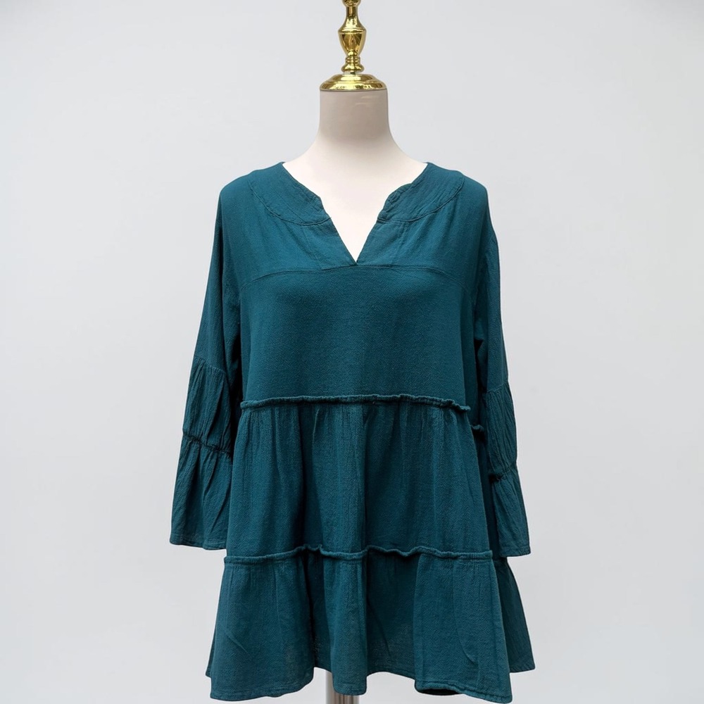 Oh My Gauze Tunic Sz 1 S/M Blue Tiered Bell Sleeve Cotton V-Neck Top Lagenlook
